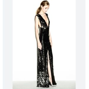 Rachel Zoe Black/Silver Sequin Gown with Plunge Neckline Size 4 NWT Retails $595